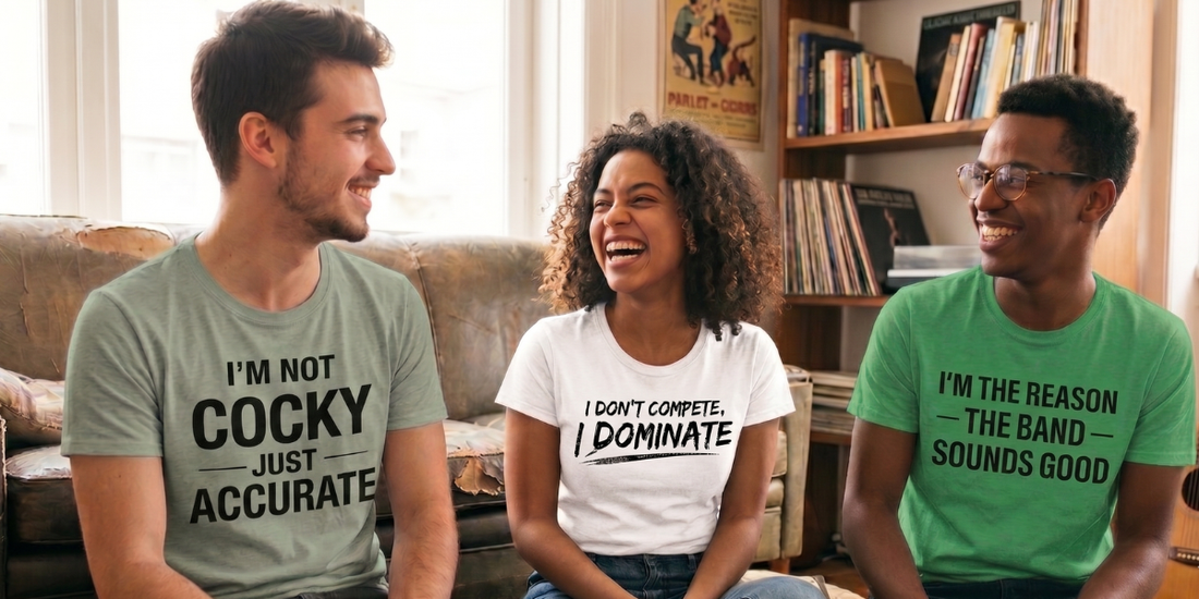 Three friends laughing together wearing Barline Apparel funny guitar t-shirts - I'm Not Cocky Just Accurate, I Don't Compete I Dominate, and I'm The Reason The Band Sounds Good