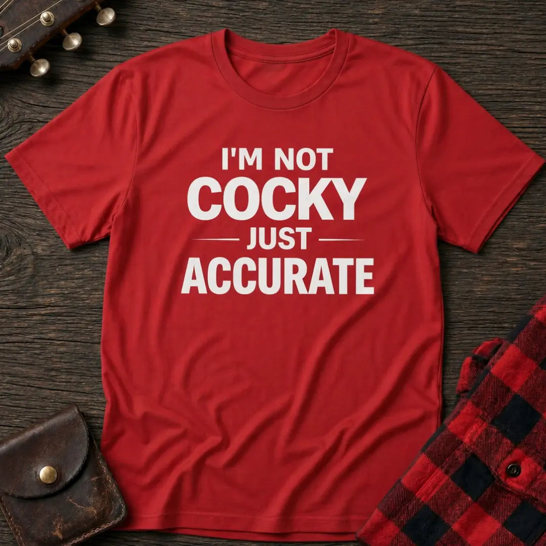 Red t-shirt with 'I'm not cocky just accurate' text on a wooden surface with a guitar and plaid shirt.