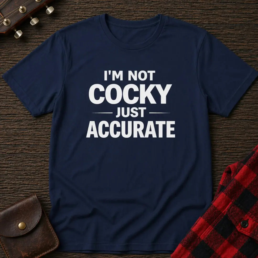 Navy blue t-shirt with 'I'm not cocky just accurate' text on a wooden surface with accessories.