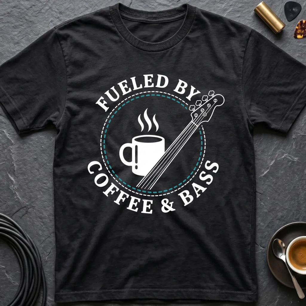 A black short-sleeve graphic T-shirt laid flat on a dark textured surface, featuring a circular white and teal print that reads “FUELED BY COFFEE & BASS” around an illustration of a coffee mug and a bass guitar. Small styled props including a guitar pick, gold-toned accessory, coffee cup, and cable are visible around the shirt.