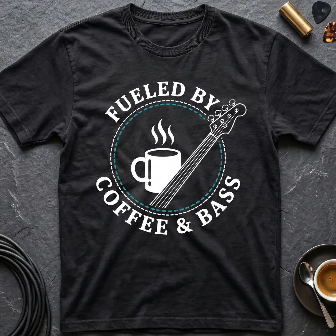 A black short-sleeve graphic T-shirt laid flat on a dark textured surface, featuring a circular white and teal print that reads “FUELED BY COFFEE & BASS” around an illustration of a coffee mug and a bass guitar. Small styled props including a guitar pick, gold-toned accessory, coffee cup, and cable are visible around the shirt.