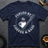 Navy T-shirt with coffee cup and bass guitar logo in circular print