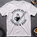 White T-shirt with coffee cup and bass guitar logo in circular print