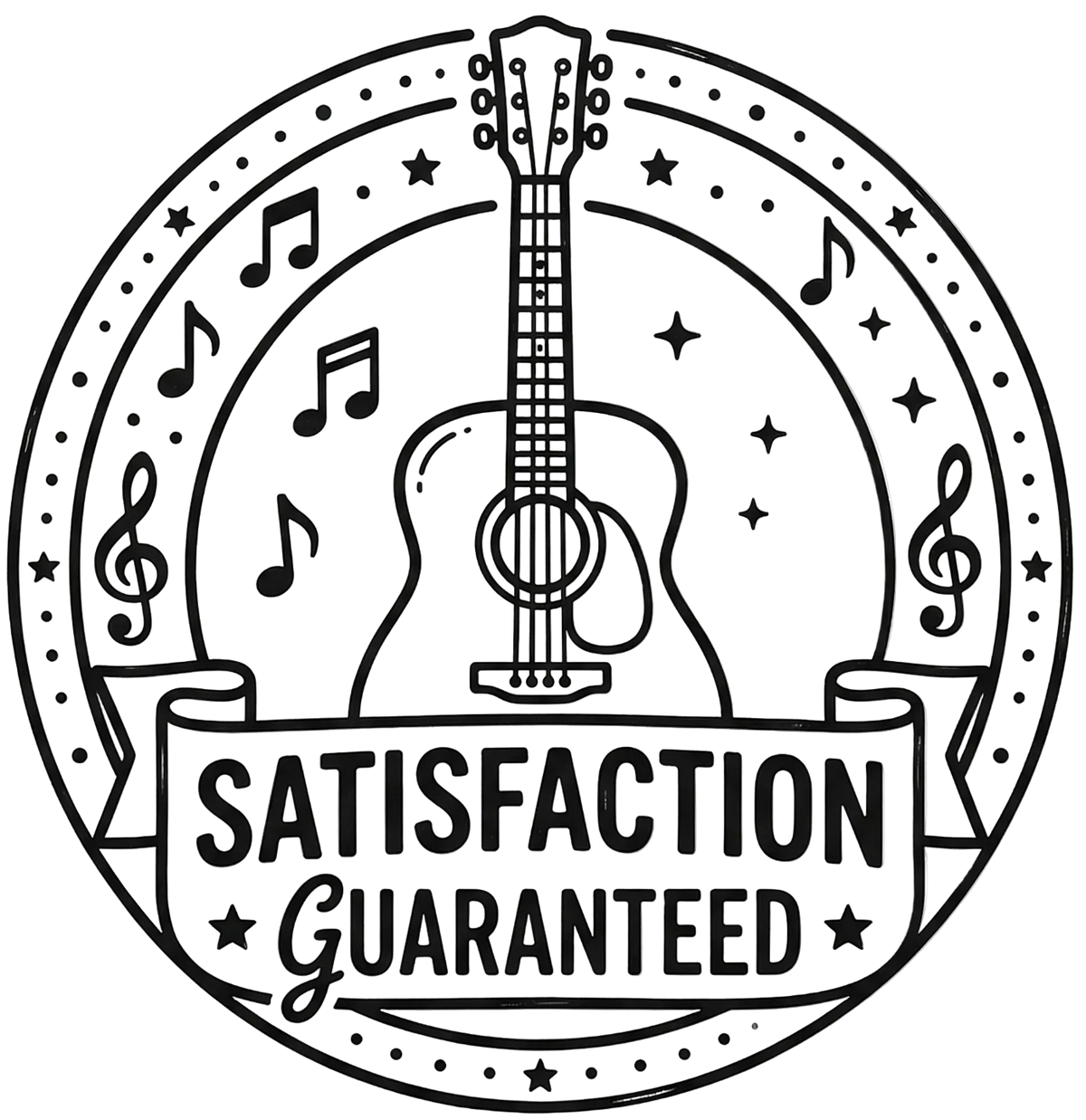 Guitar design with 'Satisfaction Guaranteed' text on a white background