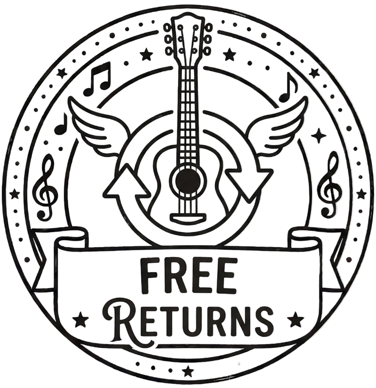 Circular design with a guitar, wings, and musical notes on a white background