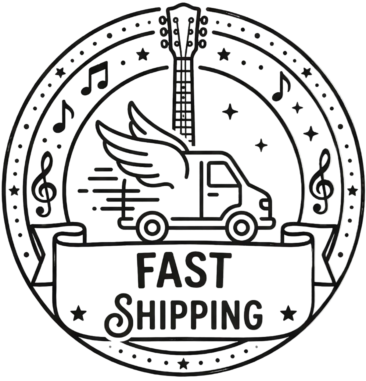 Black and white logo with a truck, wings, music notes, and 'Fast Shipping' text on a white background.