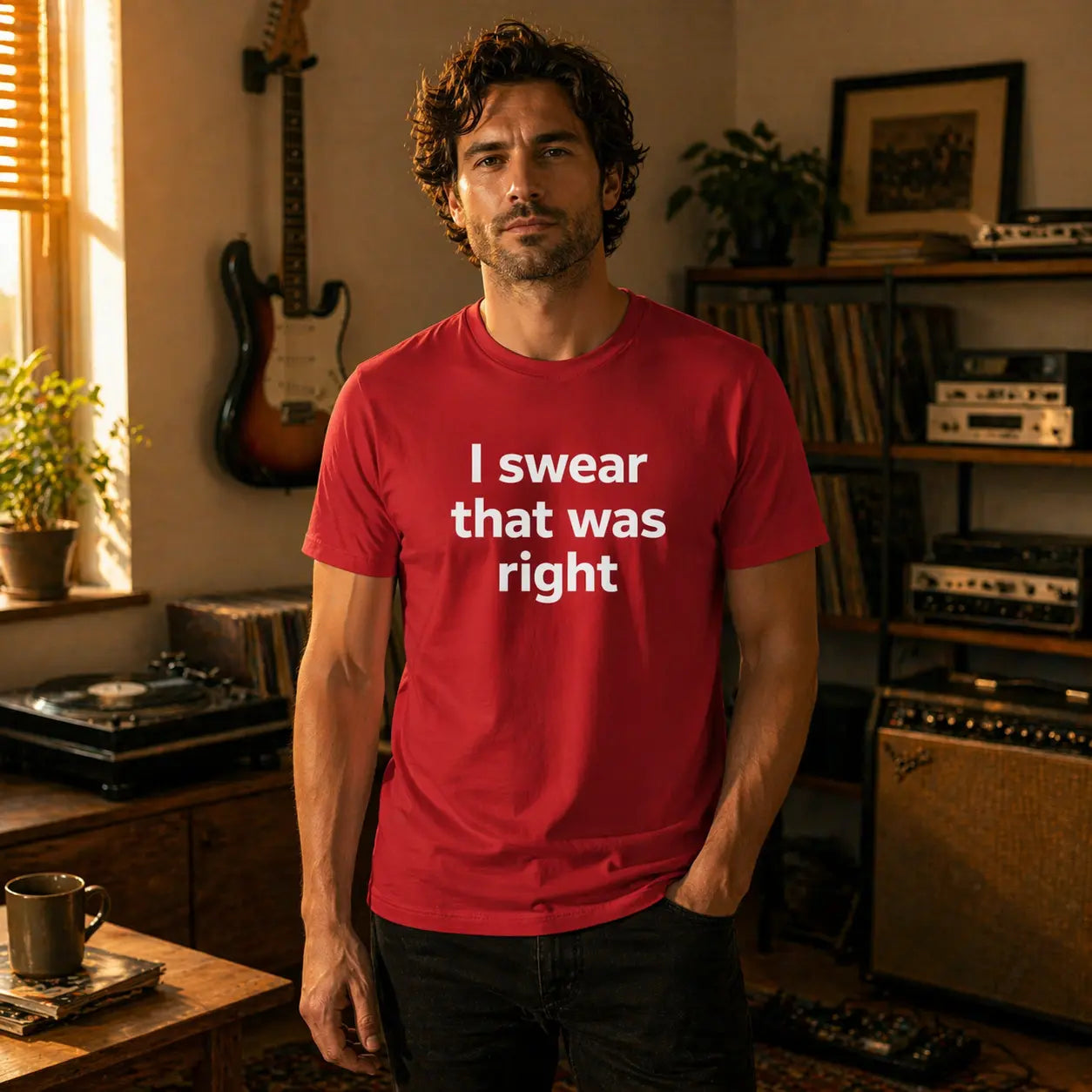 I Swear That Was Right Red T-Shirt on a male model in a room 