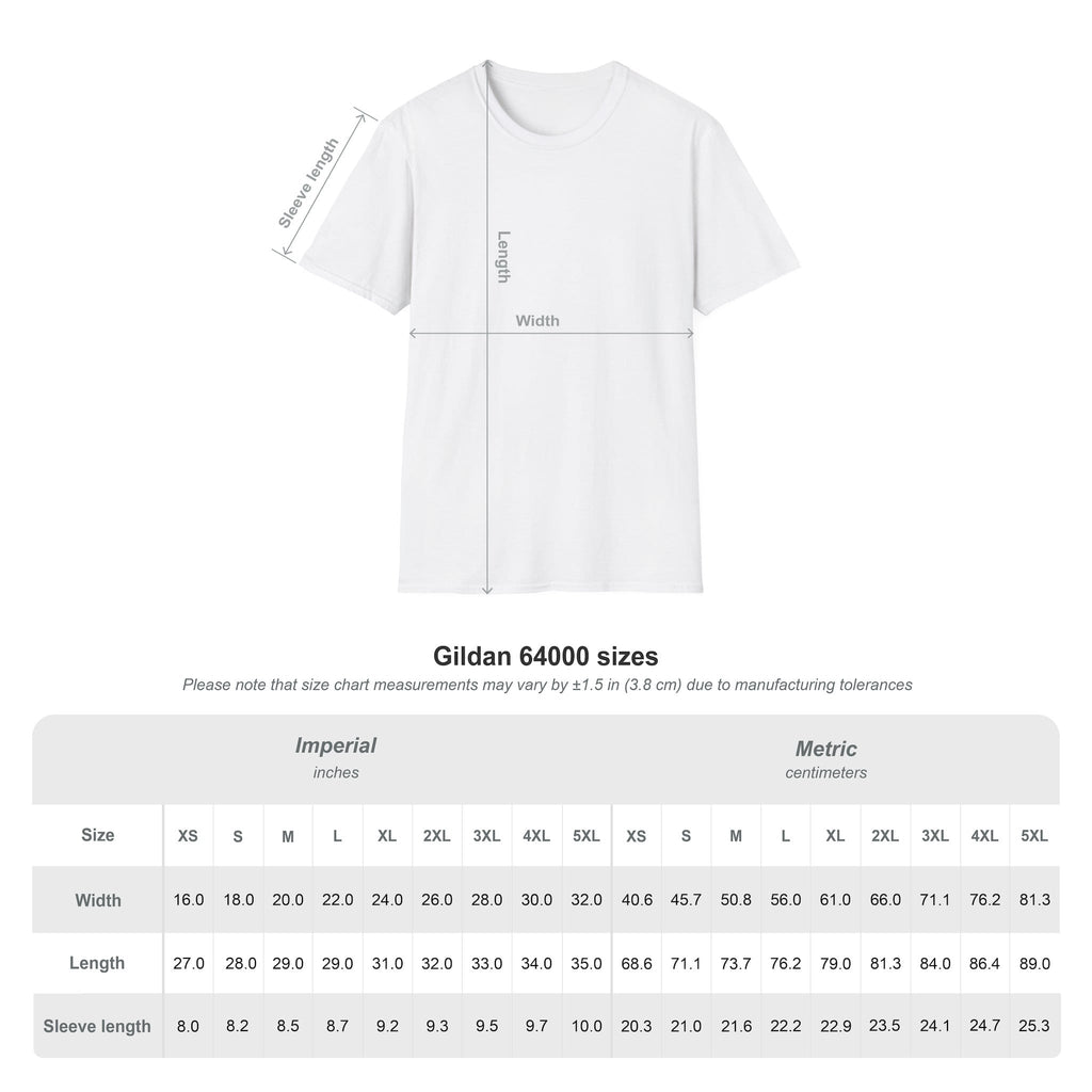 White t-shirt with size chart measurements on a white background