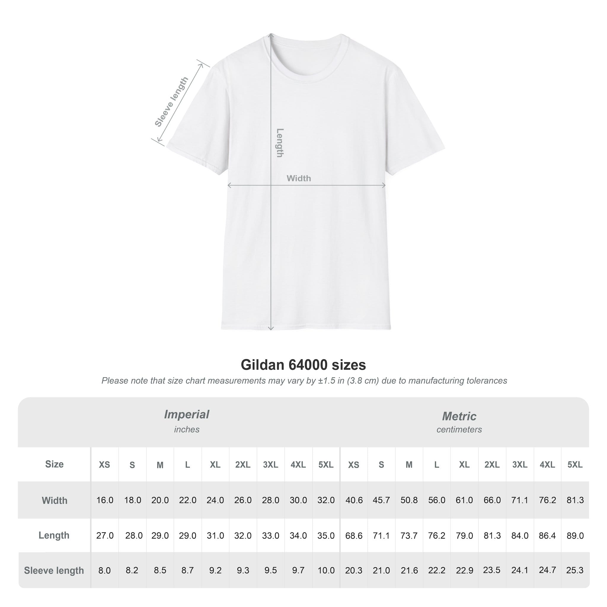 White t-shirt with size chart measurements on a white background
