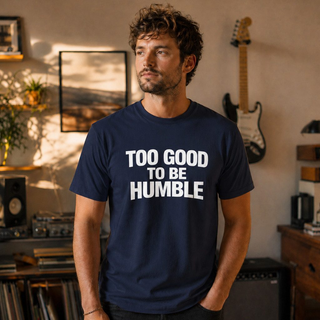 Man wearing a navy blue t-shirt with 'Too Good To Be Humble' text in a room with a guitar and decor.